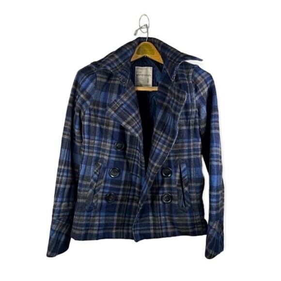 𝅺AEROPOSTALE Women's Coat Wool Blend Peacoat Blue Plaid Size Small - Picture 1 of 6